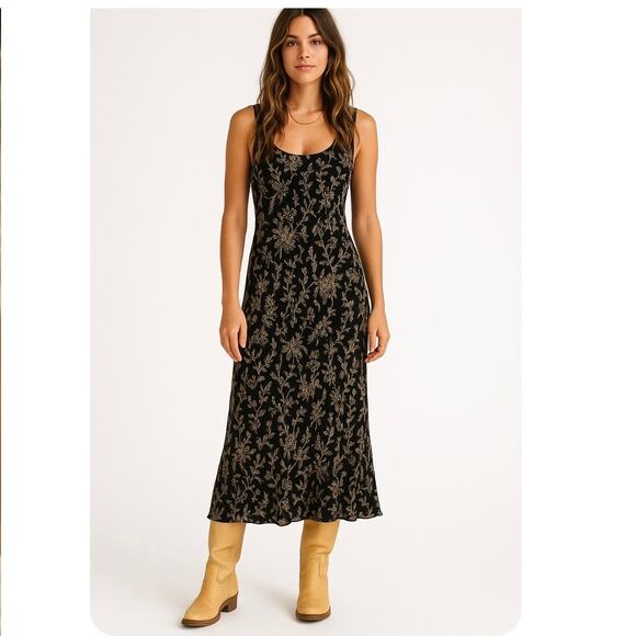 Vintage Dresses & Skirts - Y2K Fairy Grunge Boho Anne Klein 100% Silk Black Floral Slip Midi Sun Dress 8